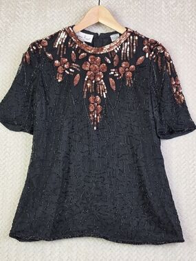 Lawrence Kazar New York Silk Beaded Sequin Top Womens Small Black Rose Gold